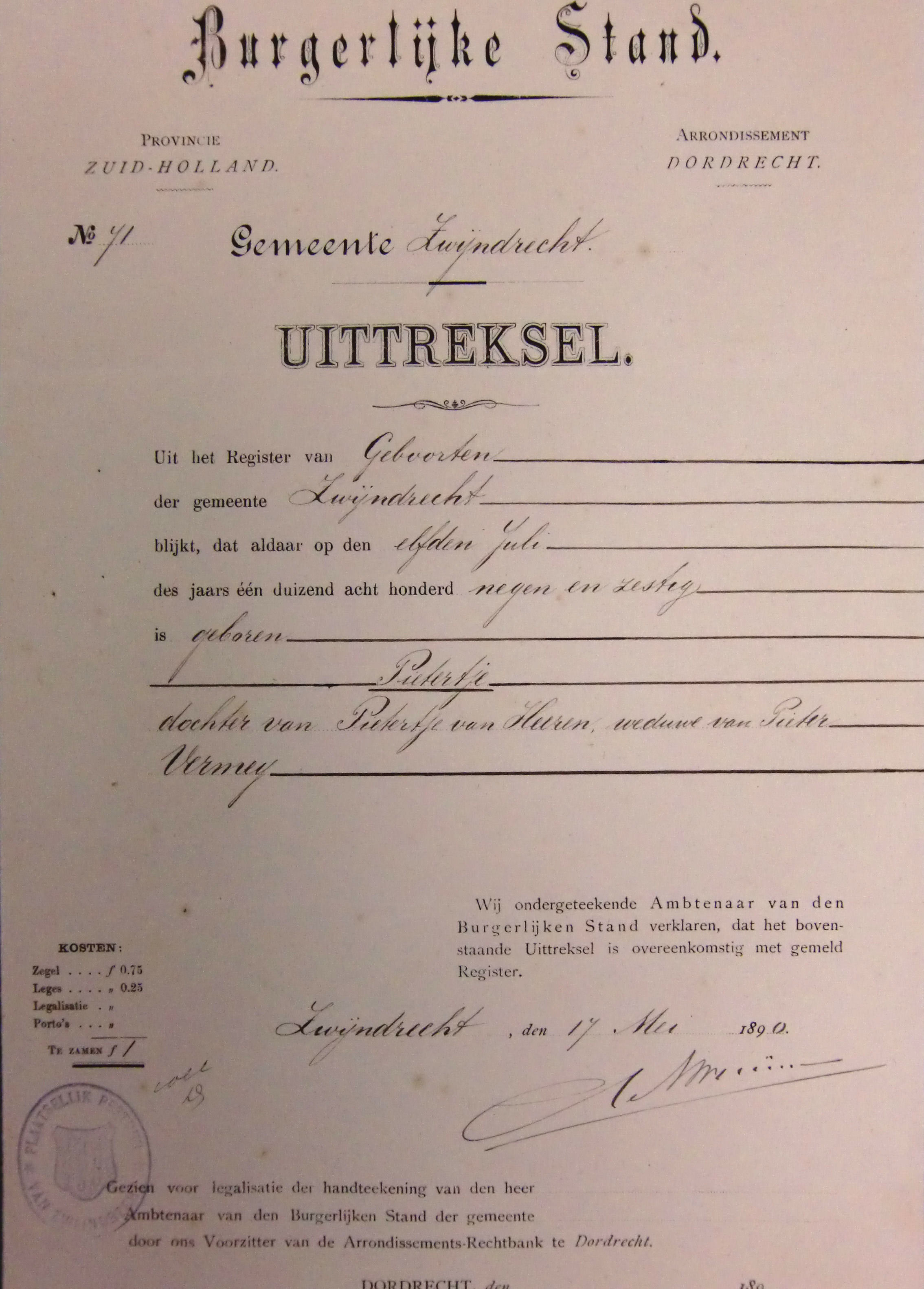 geboorte akte van Pietertje Vermeij 1869