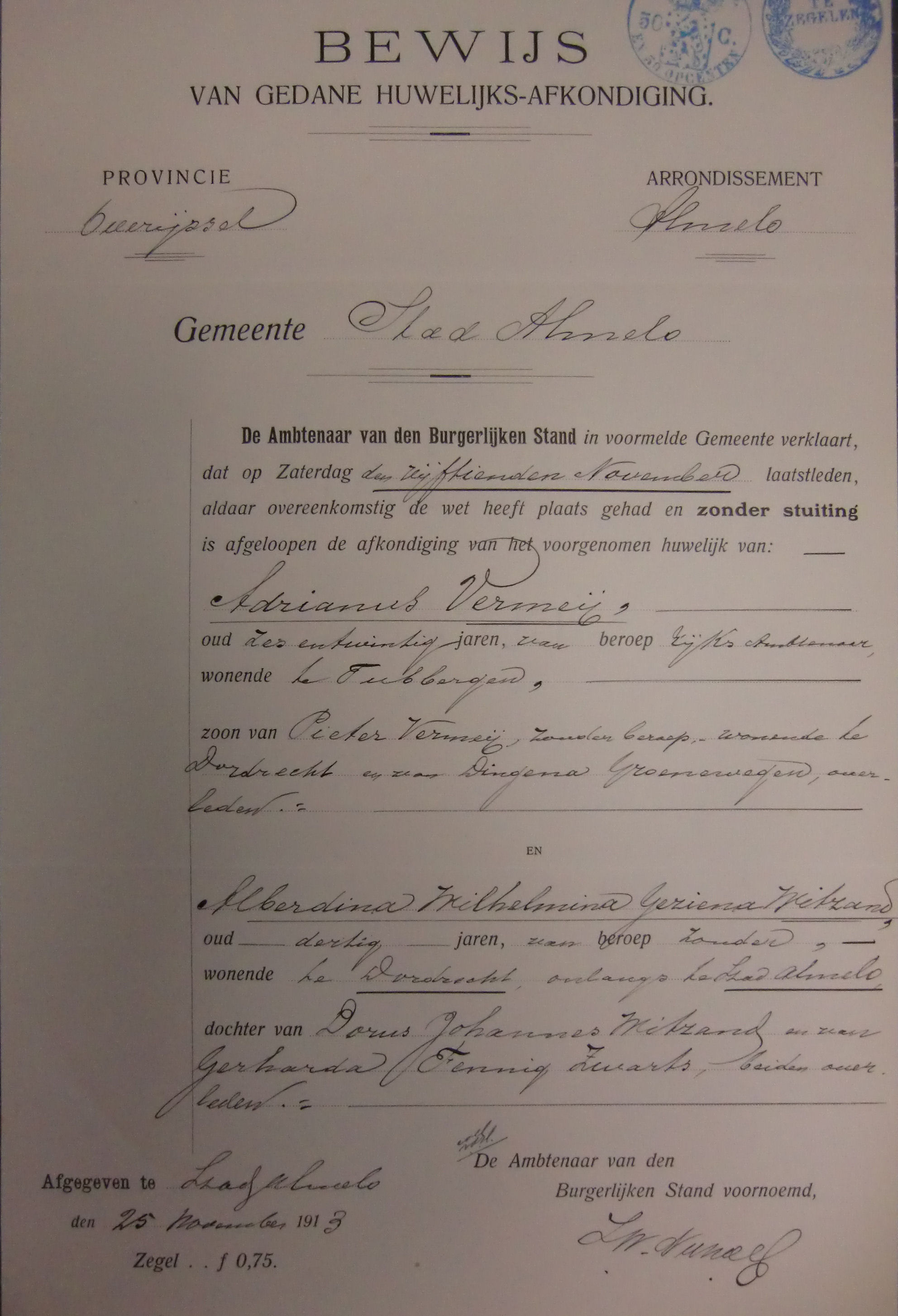 huwelijks afkondiging Adrianus Vermeij 1887