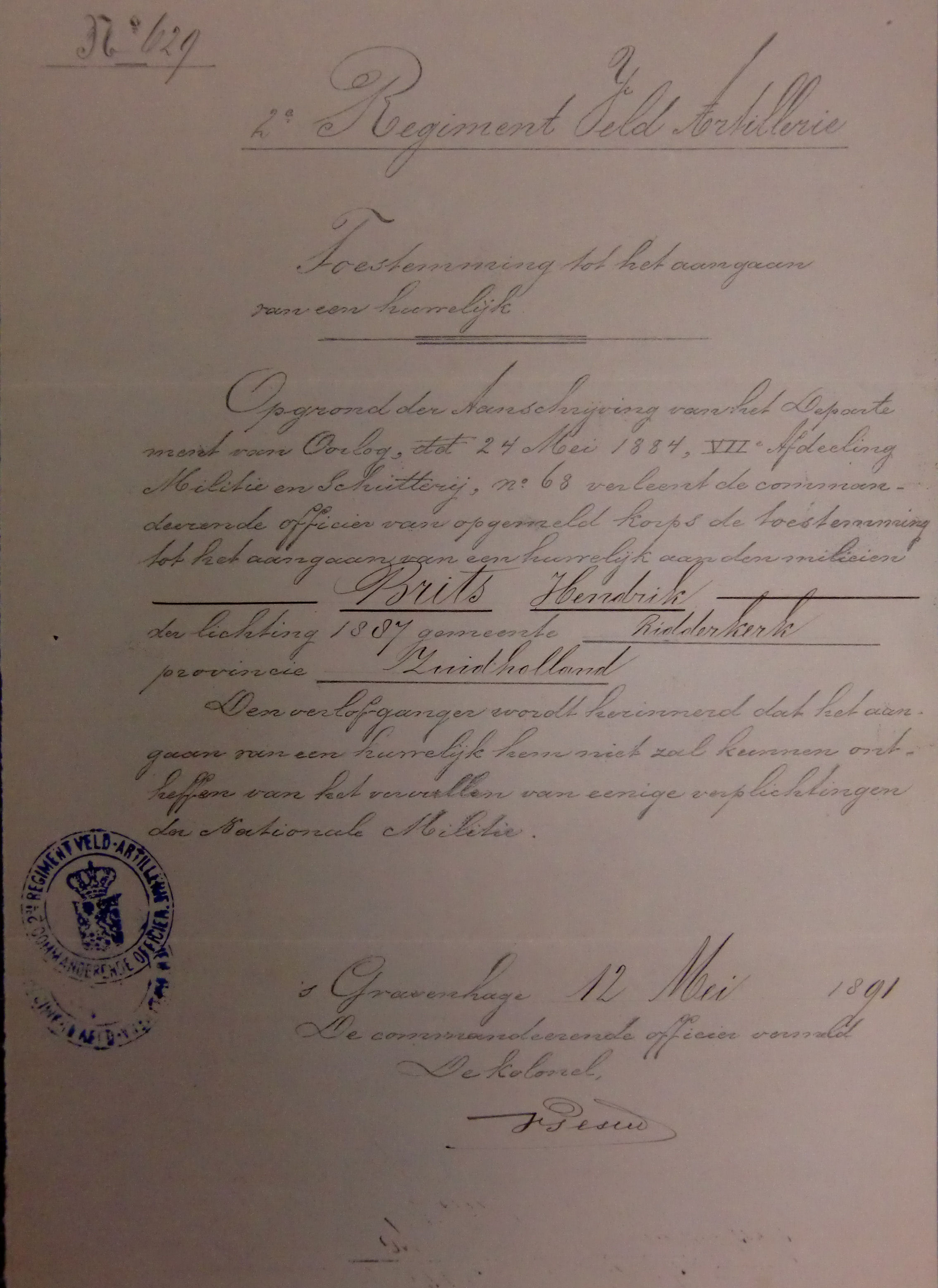 toestemming aangaan huwelijk Hendrik Brits 1867